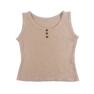 Unbranded Casual Buttons Scalloped Knit Cream Brown Cropped Tank Top Size Medium